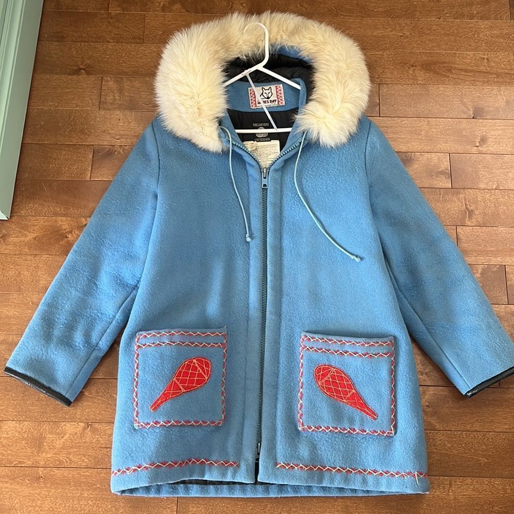 Vintage James Bay Fur Trim Hood Dog Sled Theme Wool Coat Blue Parks - Picture 2 of 14